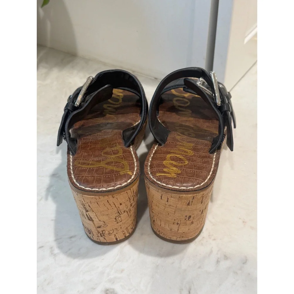 Sam Edelman Anna Platform Sandals Size 7 Black Buckle Leather Chunky Cork Wedge